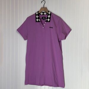 Stüssy L Purple Polo Shirt Dress Checkered Collar Y2K Streetwear Tenniscore